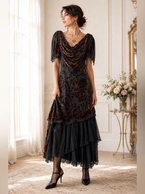 chiffon dress for wedding guest Long Sleeves V Neck Ankle Length Dresses 1920s Casual Women's Clothes Step into timeless elegance Material_wool Color:Cool Jewel